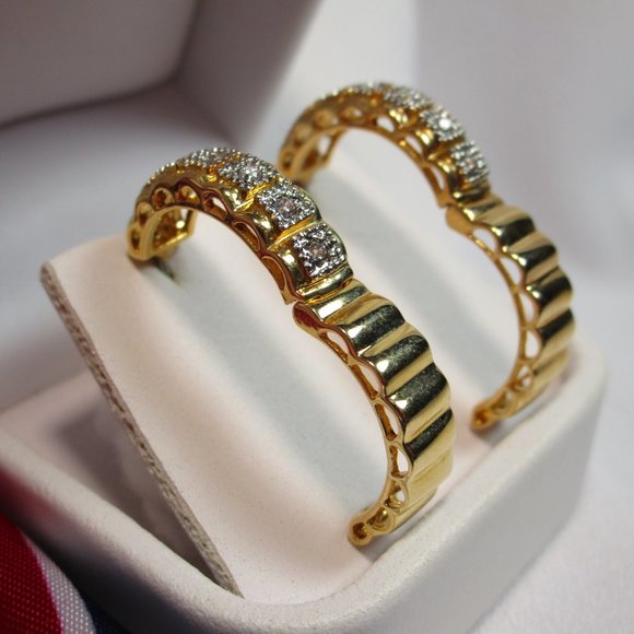 Rose Gold and Silver Tone/CZ Hinge Hoop Earrings - Picture 4 of 11